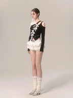 Black Slant Collar Lace Bow Irregular Long Sleeve T-shirt - Vusy Kawaii Shop