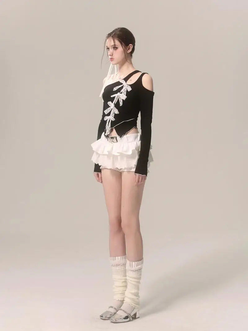 Black Slant Collar Lace Bow Irregular Long Sleeve T-shirt - Vusy Kawaii Shop
