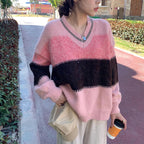 Women Winter Patchwork Sweater Korean V-Neck Pink Loose Knit - Vusy Kawaii Shop