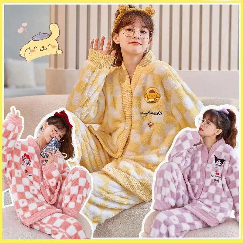 Kawaii Sanrios My Melody Pajamas Women Autumn Winter Thickened Plush Pompom Purins Kuromi Flannel Cinnamoroll Home Clothes Suit