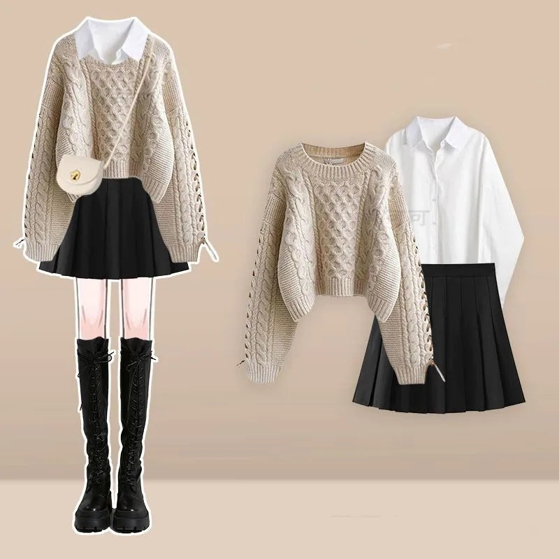 Beige cable knit sweater with white shirt and pleated skirt, product photo 7