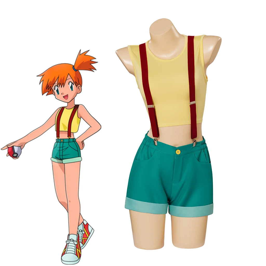 Misty cosplay costume with yellow crop top, red suspenders and teal shorts, front view