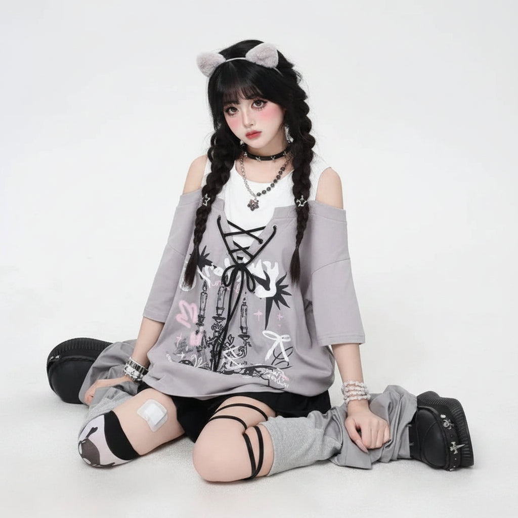 Women Aesthetic Fake Two Pieces Top Harajuku Printing - Vusy Kawaii Shop