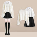 Beige Cable Knit Sweater Shirt and Pleated Skirt Set
