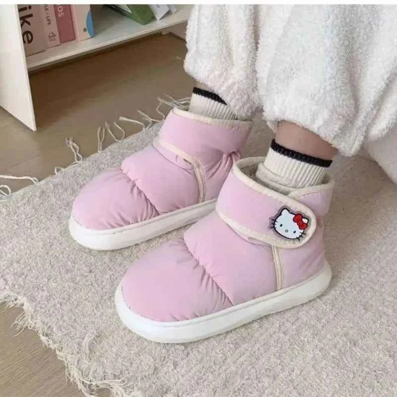 Sanrios Hello Kittys Plush Winter Fashion Outdoor Cotton Shoes Women Warm Waterproof Velcros Cute Shoes Soft Snows Boots Girls