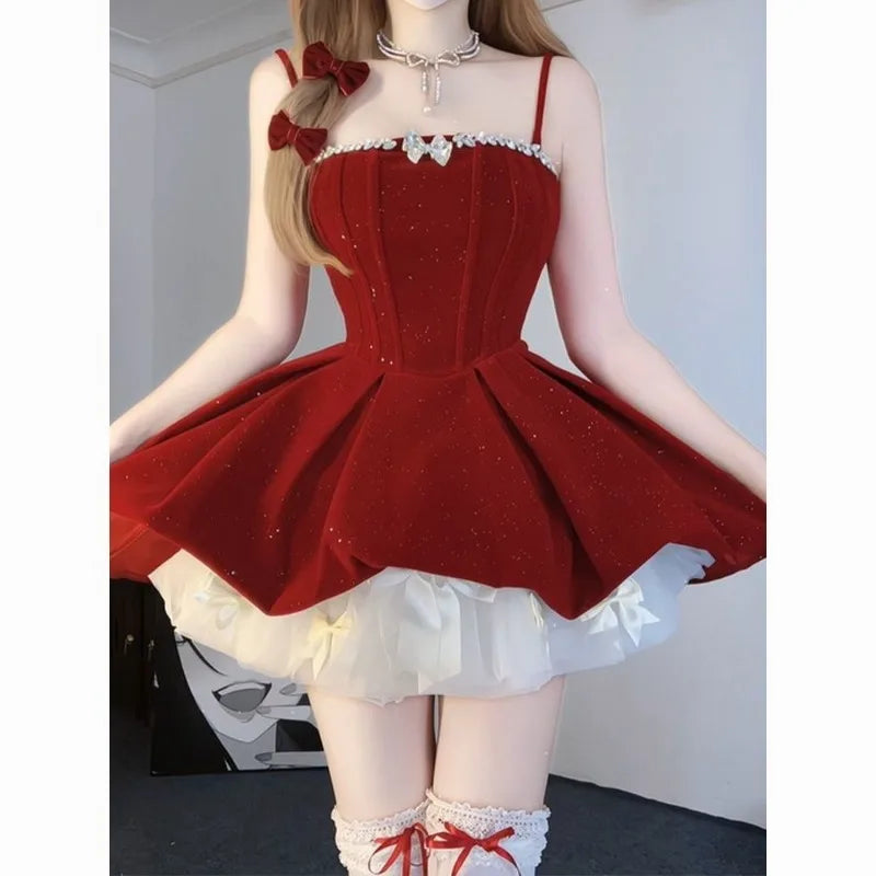 Red velvet dress with white bow sweater, lolita coquette style