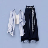 
Blue shirt + white suspenders + jeans with belt [three-piece set]