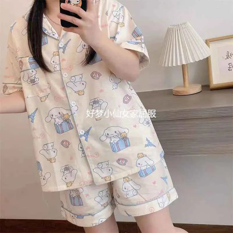 Sweet Hello Kitty Girls Pajama Sets Loose Soft Sanrio Cartoon Kuromi Cute Womens Nightgown Short Sleeve Sleepwear Clothes Summer