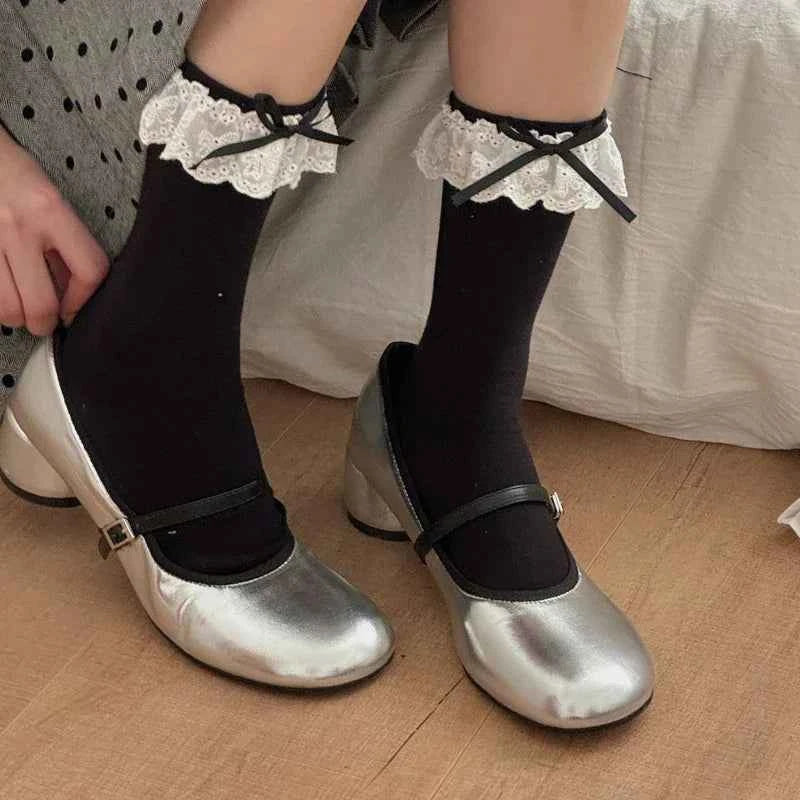 JK White Over The Knee Socks Women Classic Sweet Lace Ruffles Thigh Socks with Bowknot Girls Lolita Cotton Long Stockings Woman