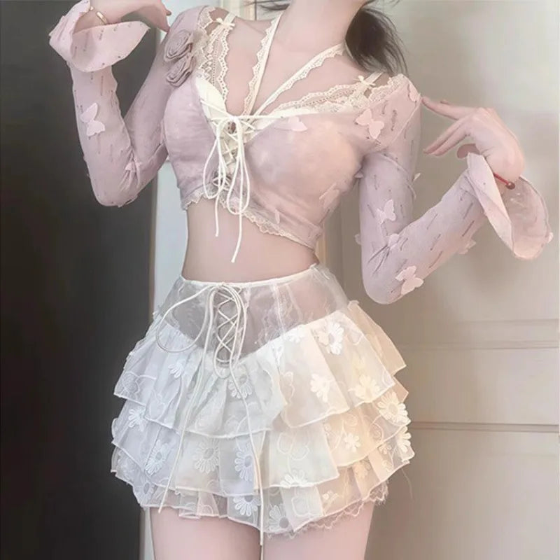 Summer Sweet Sexy V-Neck Slim Fit Long Sleeve Top and Mesh - Vusy Kawaii Shop