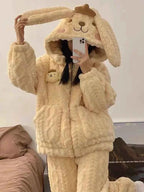 Sanrios My Melody Women's Pajamas Anime Kawaii Pompom Purins Coral Velvet Thickened Cute Hooded Zipper Home Wear Nightgown Suit