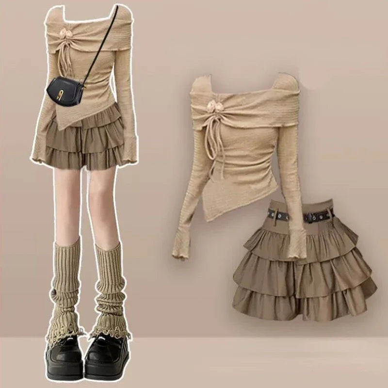 Autumn Harajuku Two Pieces Set Sweet 3D Flower Drawstring - Vusy Kawaii Shop