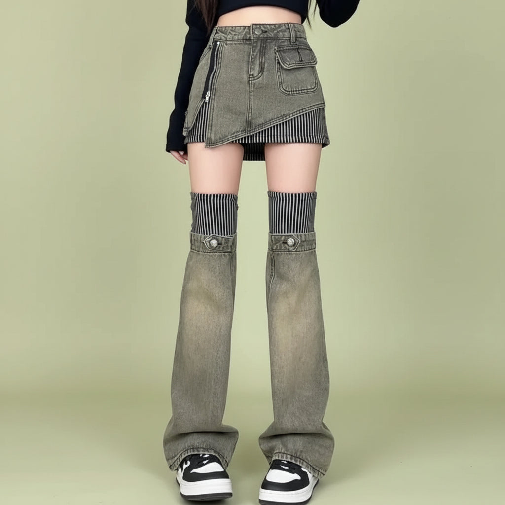 Street Punk Subculture Denim Skirt Sweet Striped Splicing - Vusy Kawaii Shop