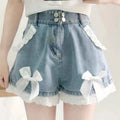 Sommer Lolita Jeans-Shorts Kawaii Schleife Spitzenrand Damen Weit