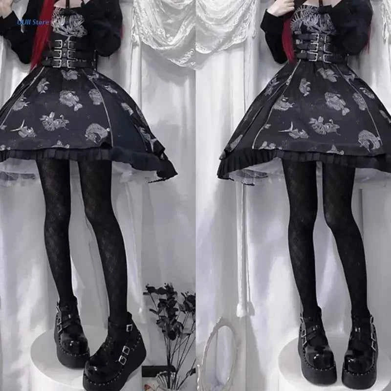 Women Lolita Black Silky Pantyhose Argyle Diamond Plaid Pattern Tights Stockings