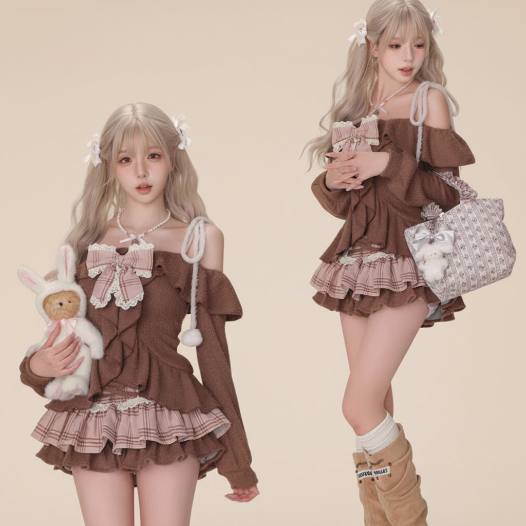 Japanese Sweet Lolita 2 Piece Sets Women Retro Off Shoulder - Vusy Kawaii Shop