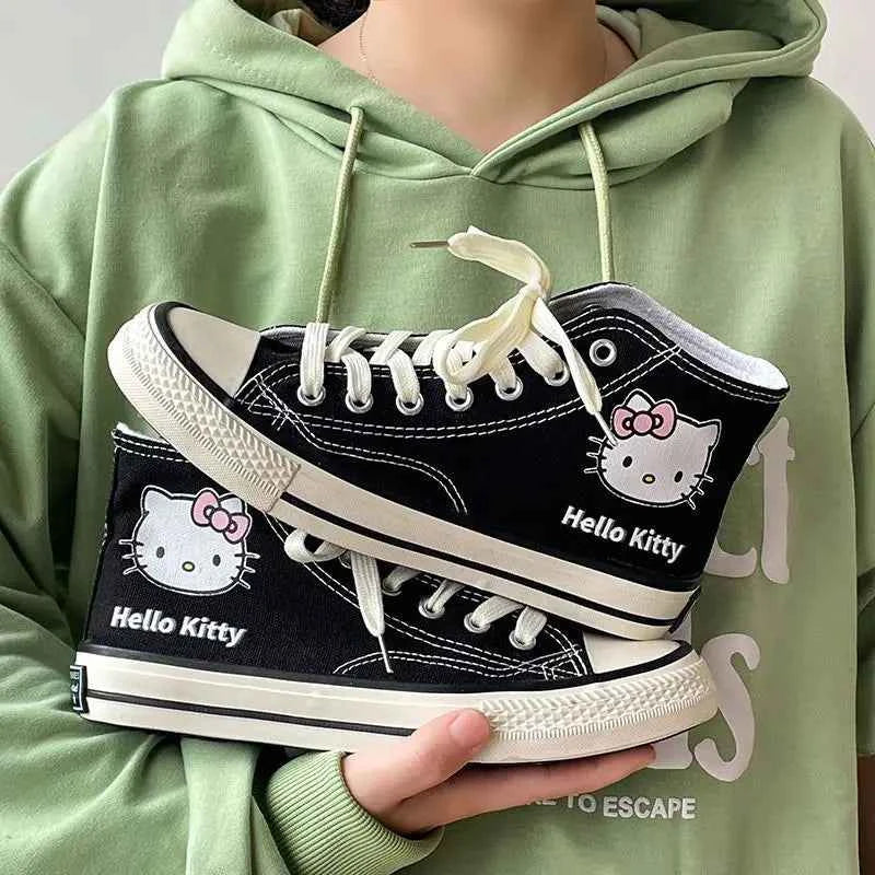 Kawaii Hello Kittys High Tops Canvas Shoes Women Sanrios Student Cartoon Graffiti Skateboard Shoes Girl Preppy Versatile Sneaker