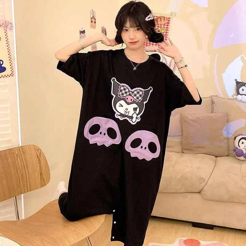 Sanrios Cute Pajamas Kuromi Summer Kawaii Nightgown New Style Student Fashion Thin Loose Comfort Casual Cartoon Home Clothes