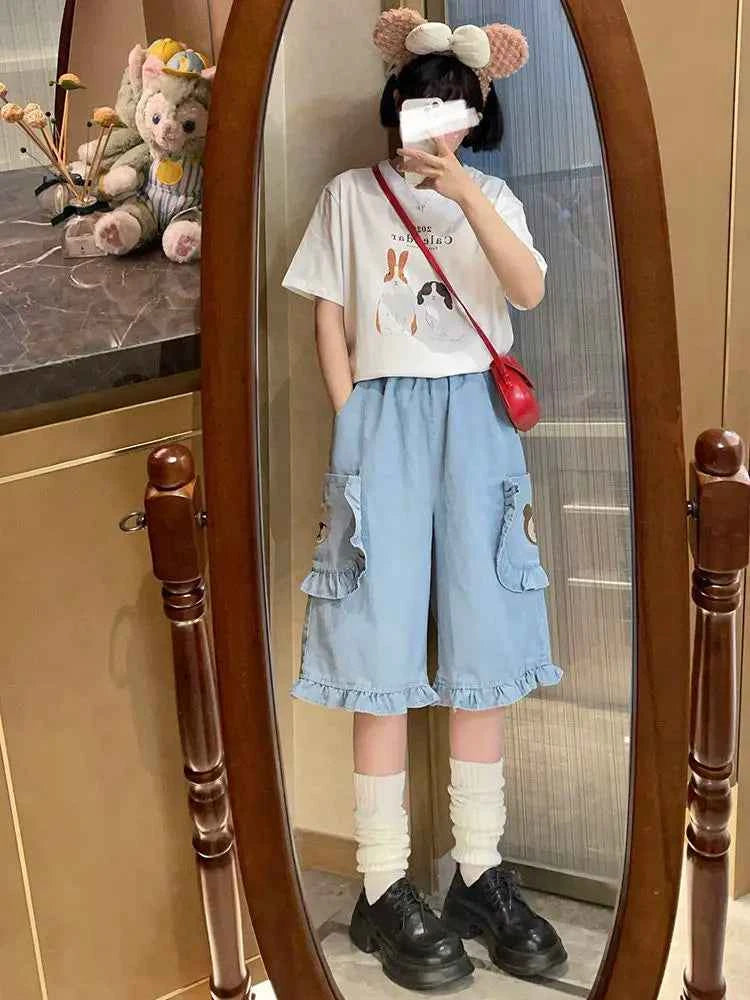Xgoth Denim Shorts Women Cropped Jeans for Women Summer New Fashion Japanese Spicy Girl Loose Casual High Waist Wide Leg Pants