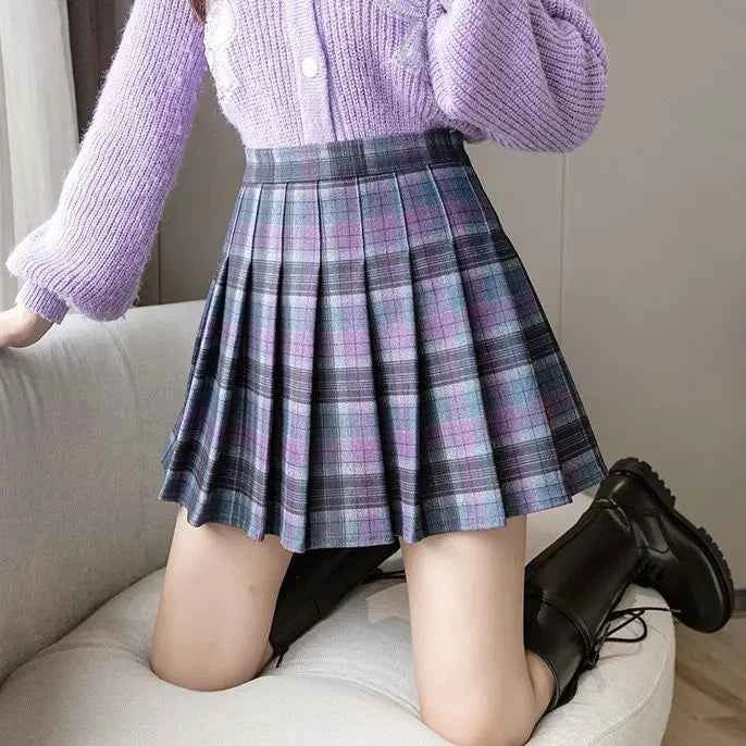 Autumn Woolen Pleated Skirts Women High Waist Dress JK