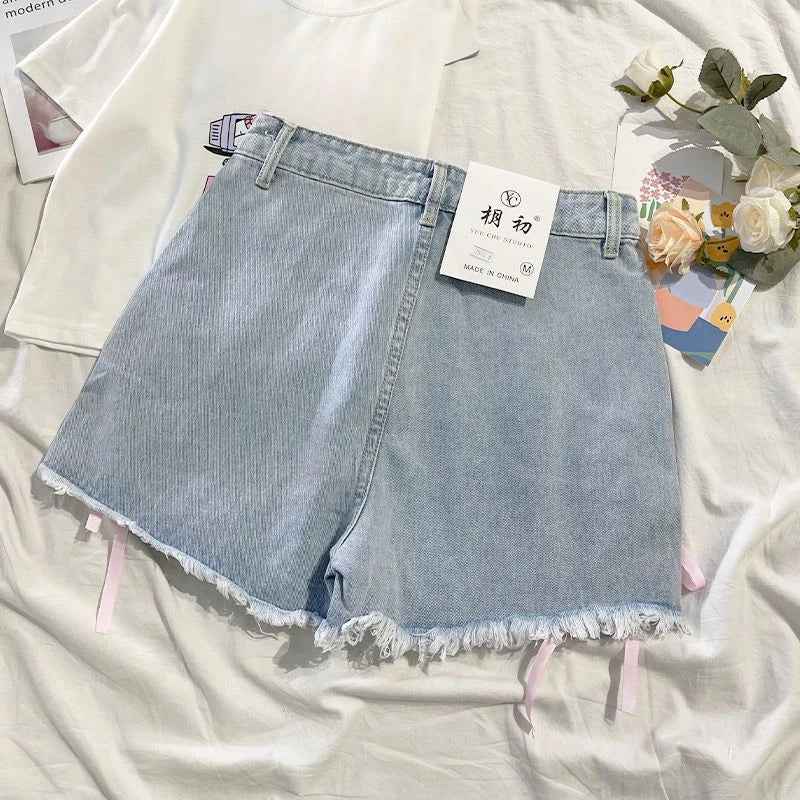 Japanese Sweet High Waist Embroidery Tied Bow Denim Shorts