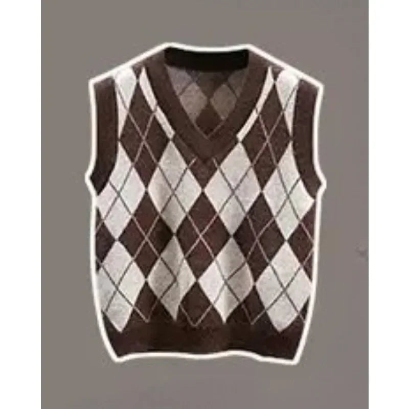 Pants Sets Contrast Plaid V Neck Knitted Vest White Shirt - Vusy Kawaii Shop
