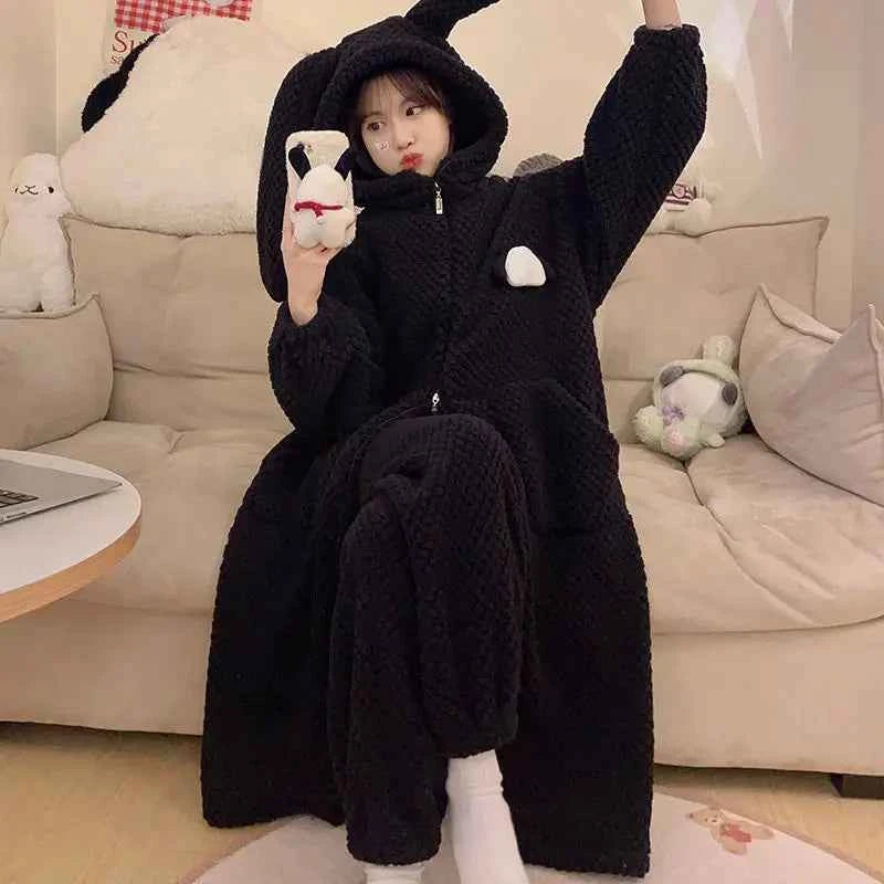 Anime Sanrioed Kuromi Pajamas Pants Set Women Kawaii Melody Coral Fleece Robe Winter Thickened Warm Female Flannel Home Clothes