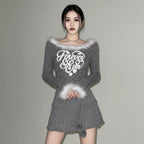 Girl Short Hairy Spliced Round Neck T-Shirt Spring Korean - Vusy Kawaii Shop