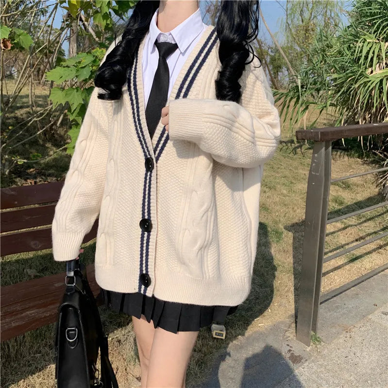 Varsity-Striped Cardigan Sweater Long Sleeve Button-up - Vusy Kawaii Shop