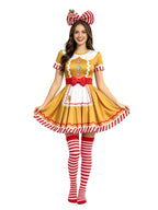 Gingerbread woman costume dress with candy cane trim and red bow belt, detail view