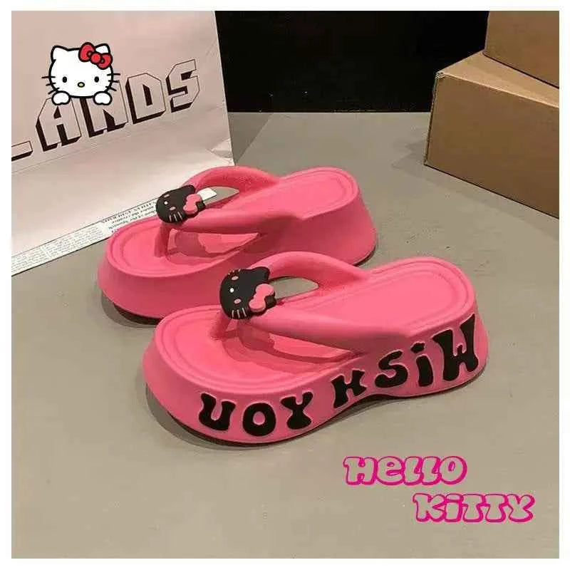Sanrios Hello Kittys Slippers Women's Platform Flip Flops Outdoor Beach Shoes Summer Fashion Sandals Thick Bottom Cloud Slippers