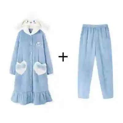 Kawaii Sanrioed Plush Pajamas Suit Cartoon Kuromi Winter Women Hooded Nightgown Long Cute Girls Thickened Warm Sweet Tops Pants