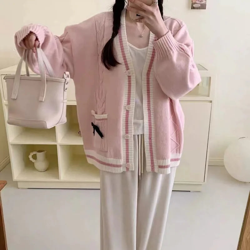 Cream cable knit cardigan with shirt tie and pleated skirt, school uniform aesthetic