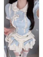 Fashion Sweet Puff Sleeve Slim Fit Top and High Waist Cake - Vusy Kawaii Shop