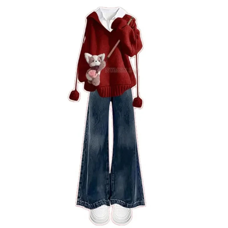 Red Hooded Sweater Shirt and Jeans Set, flat lay of red hooded sweater with dog plush charm, white shirt and wide leg jeans