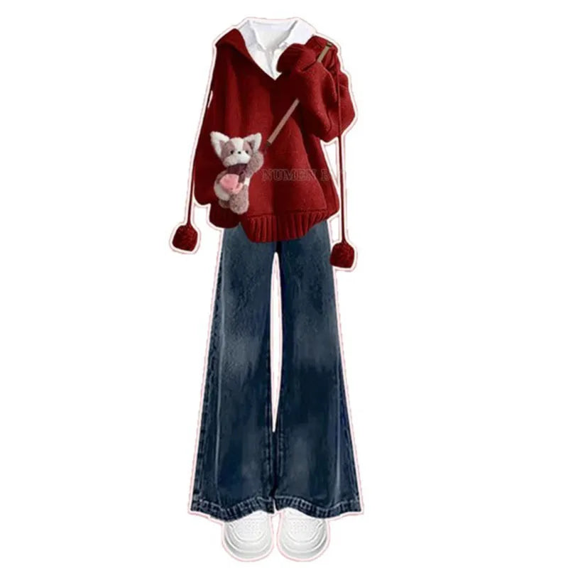 Red Hooded Sweater Shirt and Jeans Set, flat lay of red hooded sweater with dog plush charm, white shirt and wide leg jeans