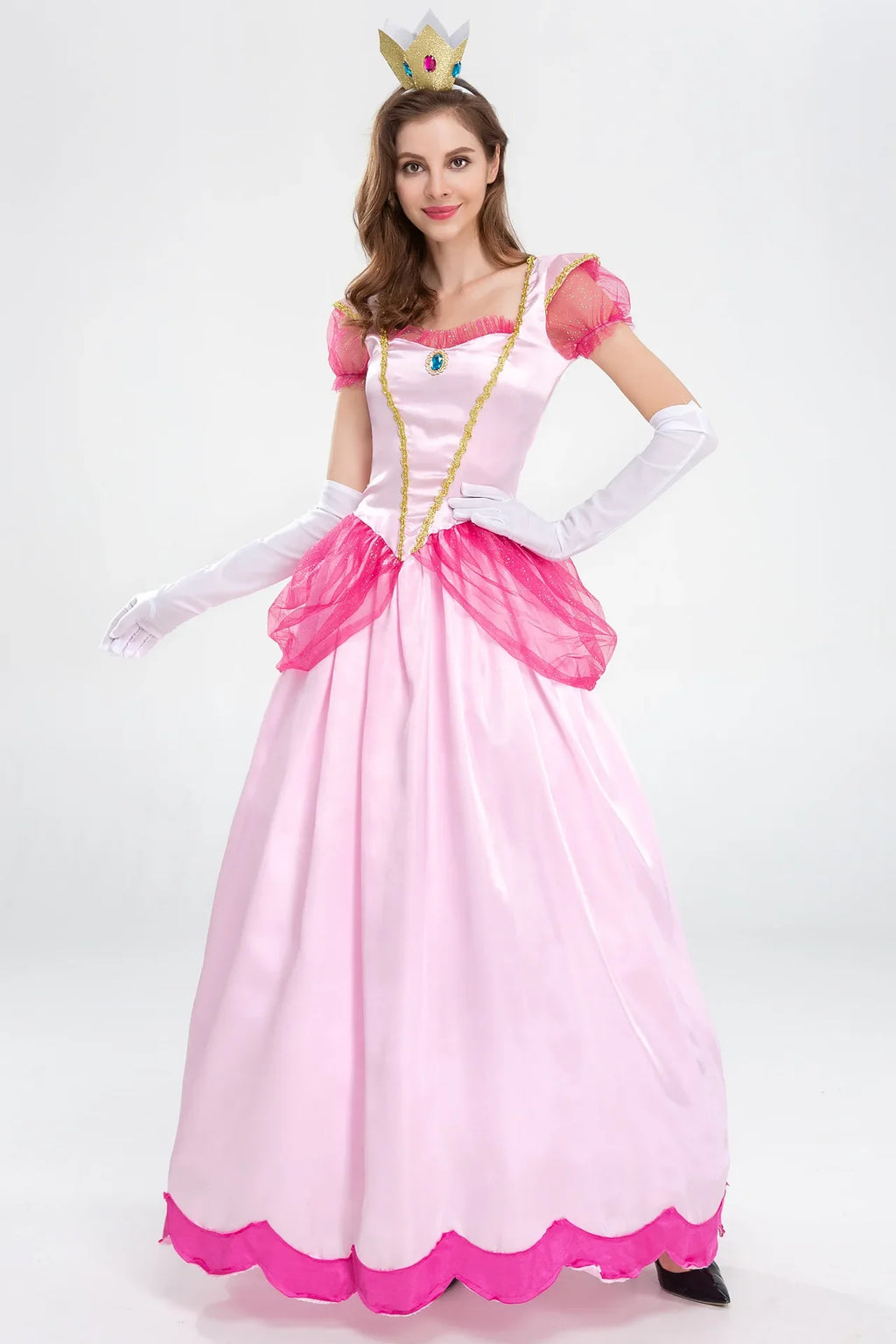 Princess Peach pink ball gown with crown and gloves, front view