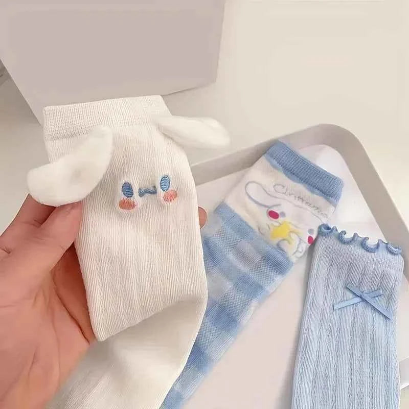 3Pcs Cinnamoroll mid-tube socks for girls light blue socks kawaii style pure cotton soft long socks warm thick cotton socks
