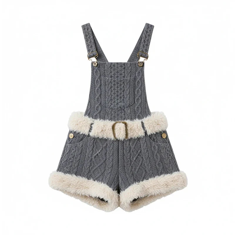 Gray Y2K furry knit shortalls set with polka dot turtleneck, product photo 8