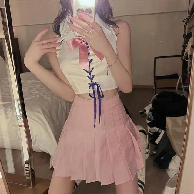 Kawaii Sweet Hot Girls Sexy Short Blouse Tops and Pleated - Vusy Kawaii Shop
