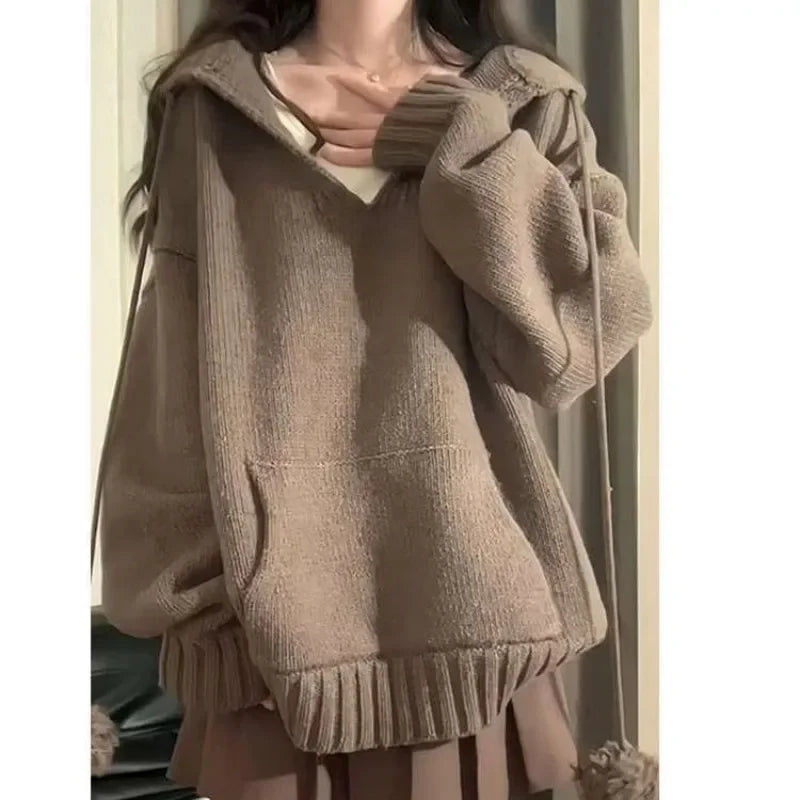 Brown Hooded Sweater and Denim Overall Shorts Set, model wearing the mocha hooded knit sweater