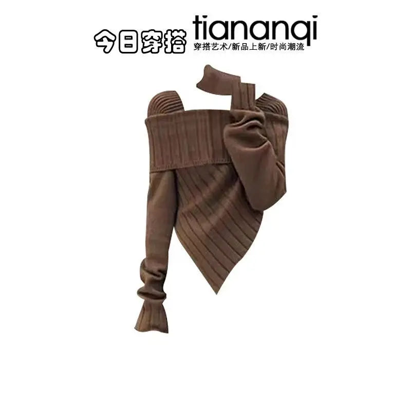 Brown off-shoulder knit top with wide leg jeans, ribbed knit texture