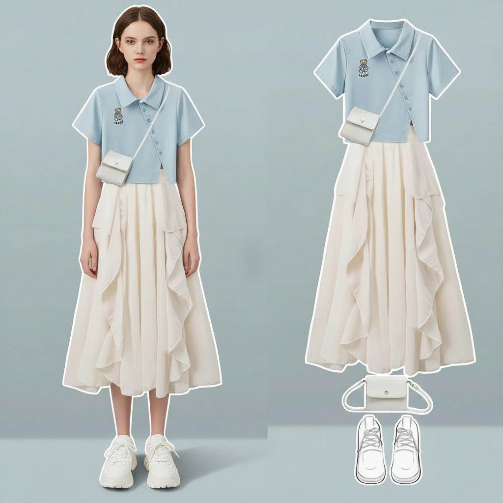 Summer POLO Short-Sleeved T-Shirt Top and Floral Suspender - Vusy Kawaii Shop