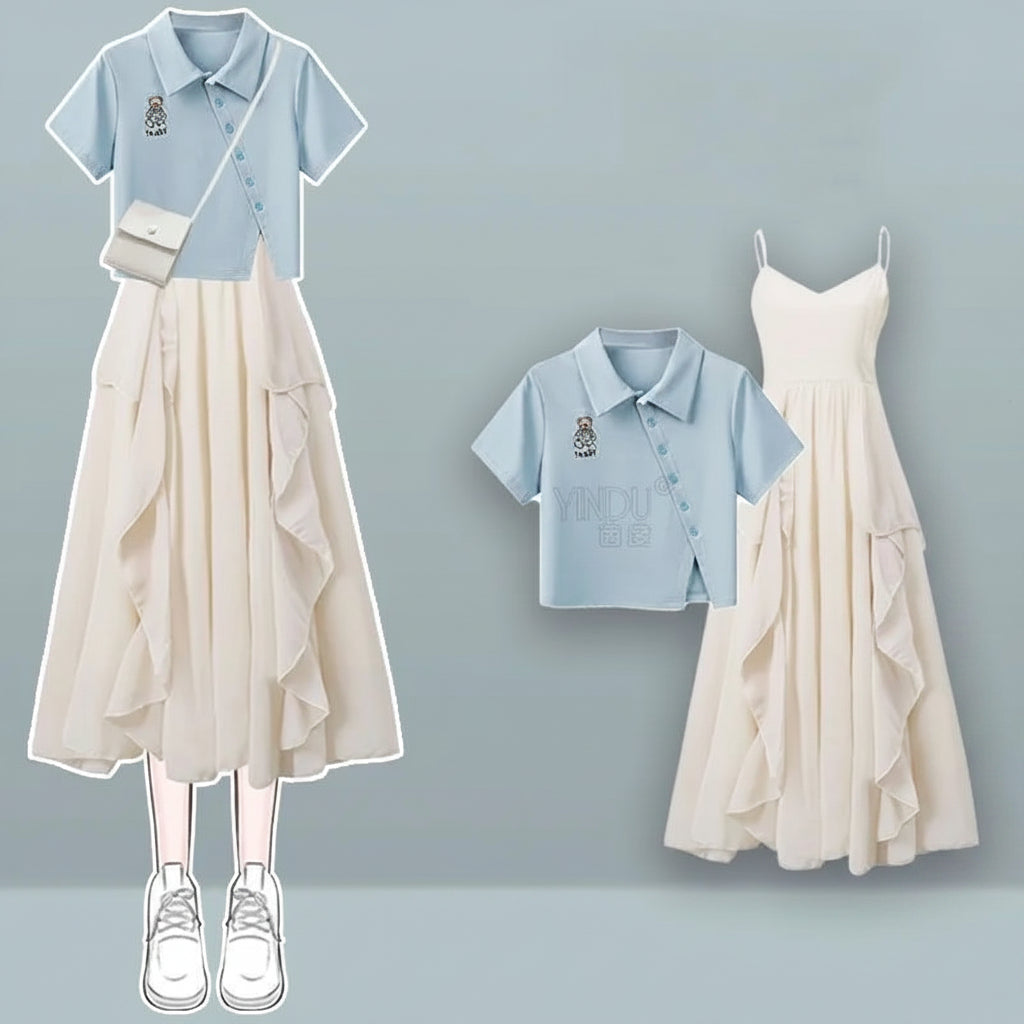 Summer POLO Short-Sleeved T-Shirt Top and Floral Suspender - Vusy Kawaii Shop