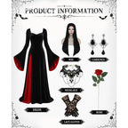 Morticia Addams black velvet gown set with wig and accessories flat lay