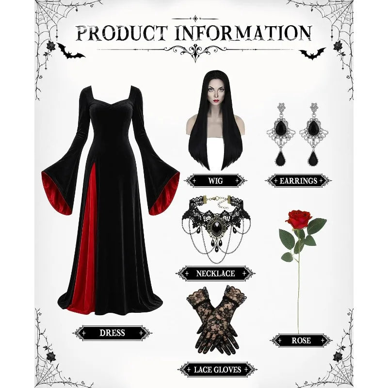 Morticia Addams black velvet gown set with wig and accessories flat lay