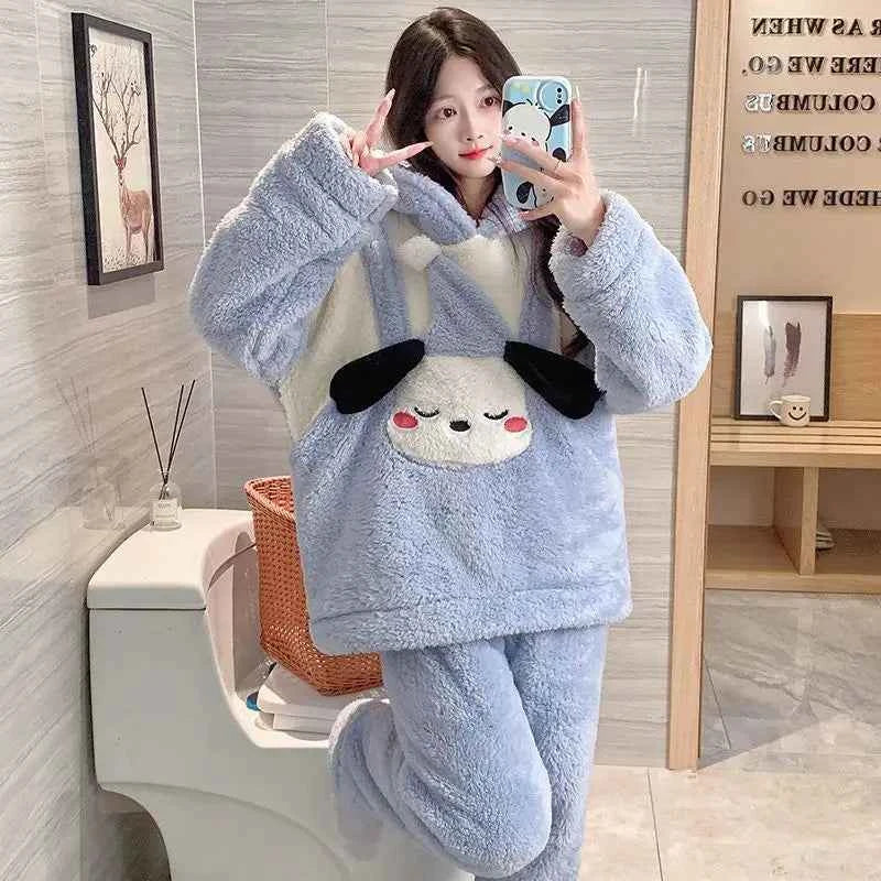 Kawaii Hello Kittys Cute Siamese Pajamas Women Coral Velvet Autumn Winter Sanrioed Sweet Thickened Warm Flannel Home Clothes