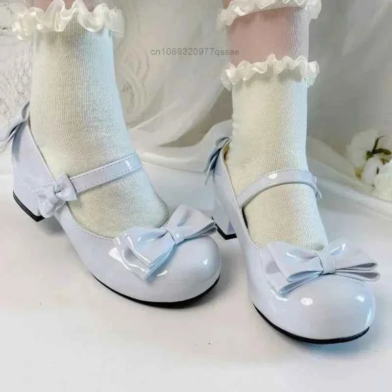 2025 Lolita Style Cute Round Head  Jane Pumps With Bow Women's Sweet Party Dress Midi Heels Shoes Fashion PU Sandals