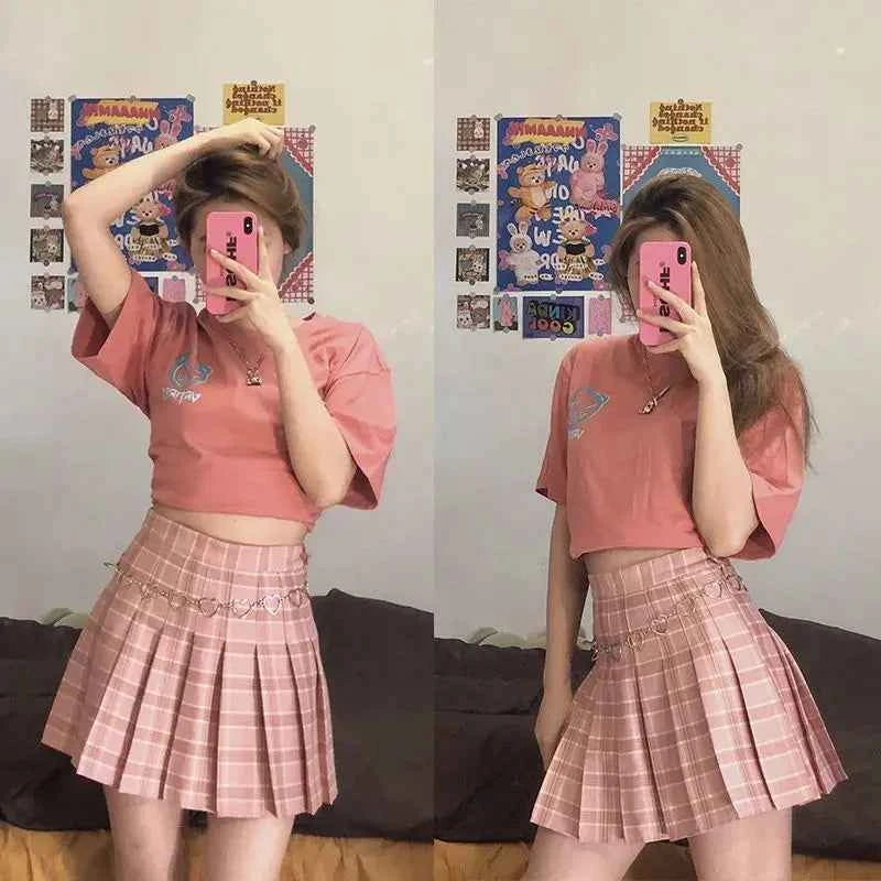 Plaid Pleated Skirt Women Spring High Waist A-Line Skirt
