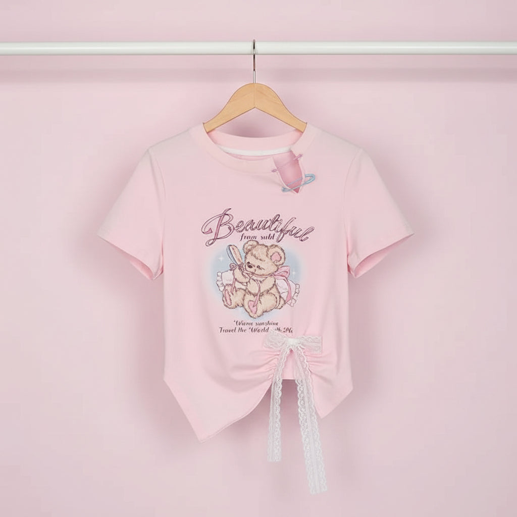 Sweetheart Bear Printed Soft Girl Slimming Crop Top Women - Vusy Kawaii Shop